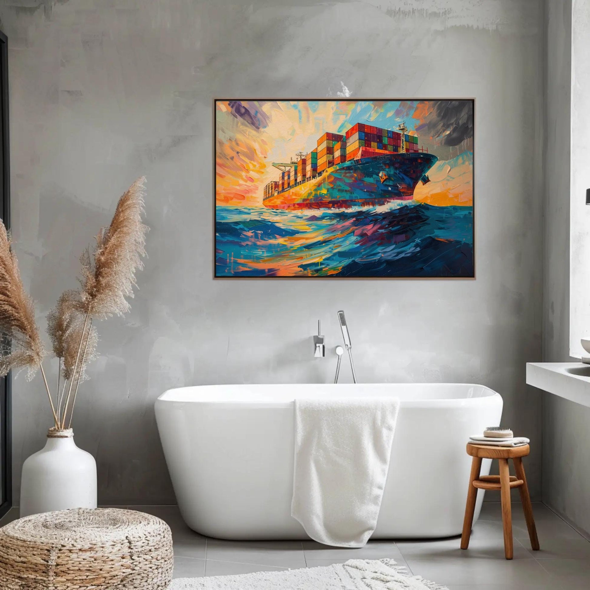 Container Ship canvas wall art shown in a bathroom