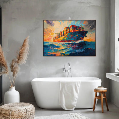 Container Ship canvas wall art shown in a bathroom