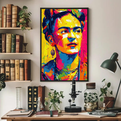 Frida Kahlo canvas wall art shown above a desk