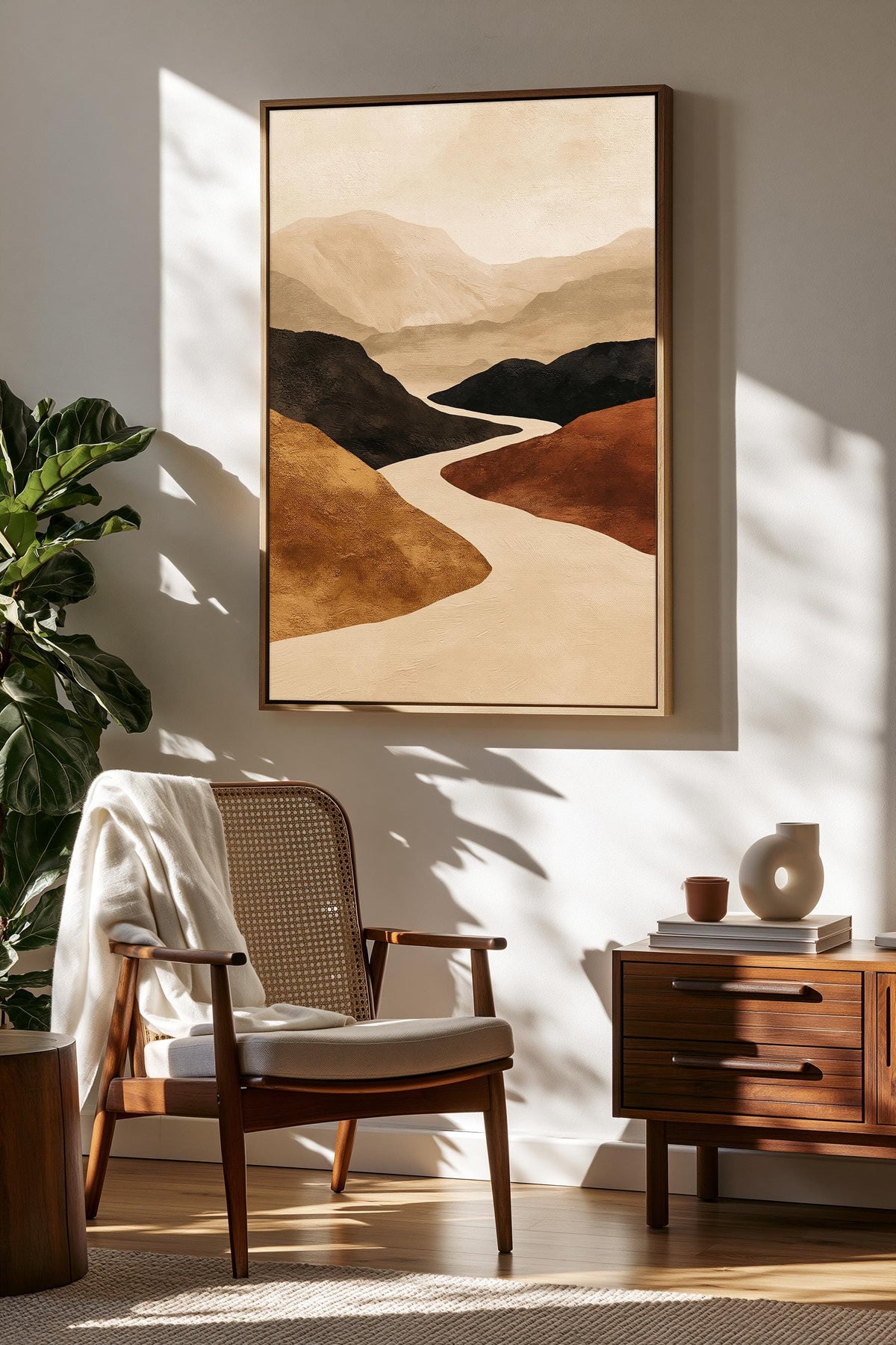 Abstract Mountain Wall Art, Winding River Canvas, Terracotta Ochre