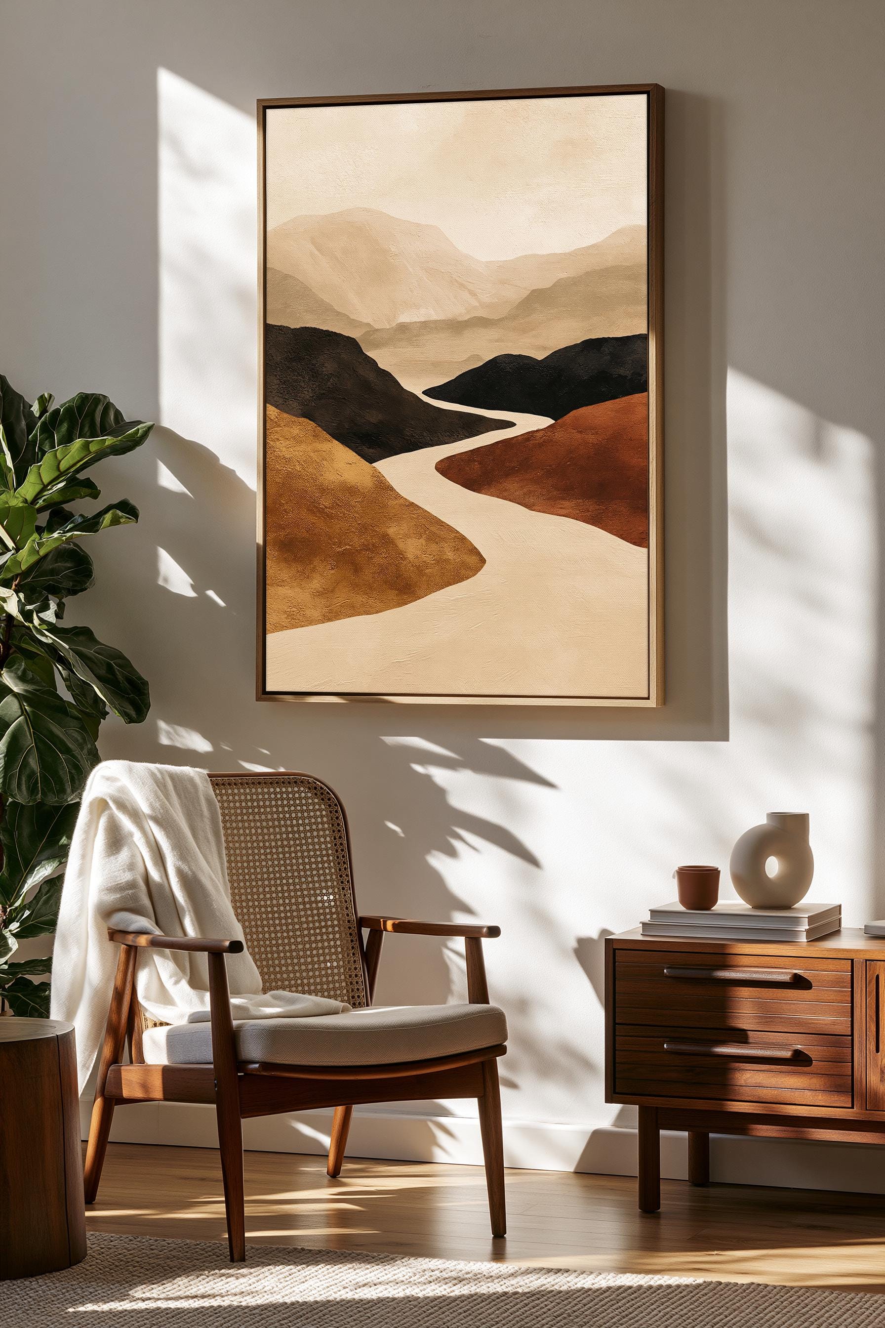 Abstract Mountain Wall Art, Winding River Canvas, Terracotta Ochre
