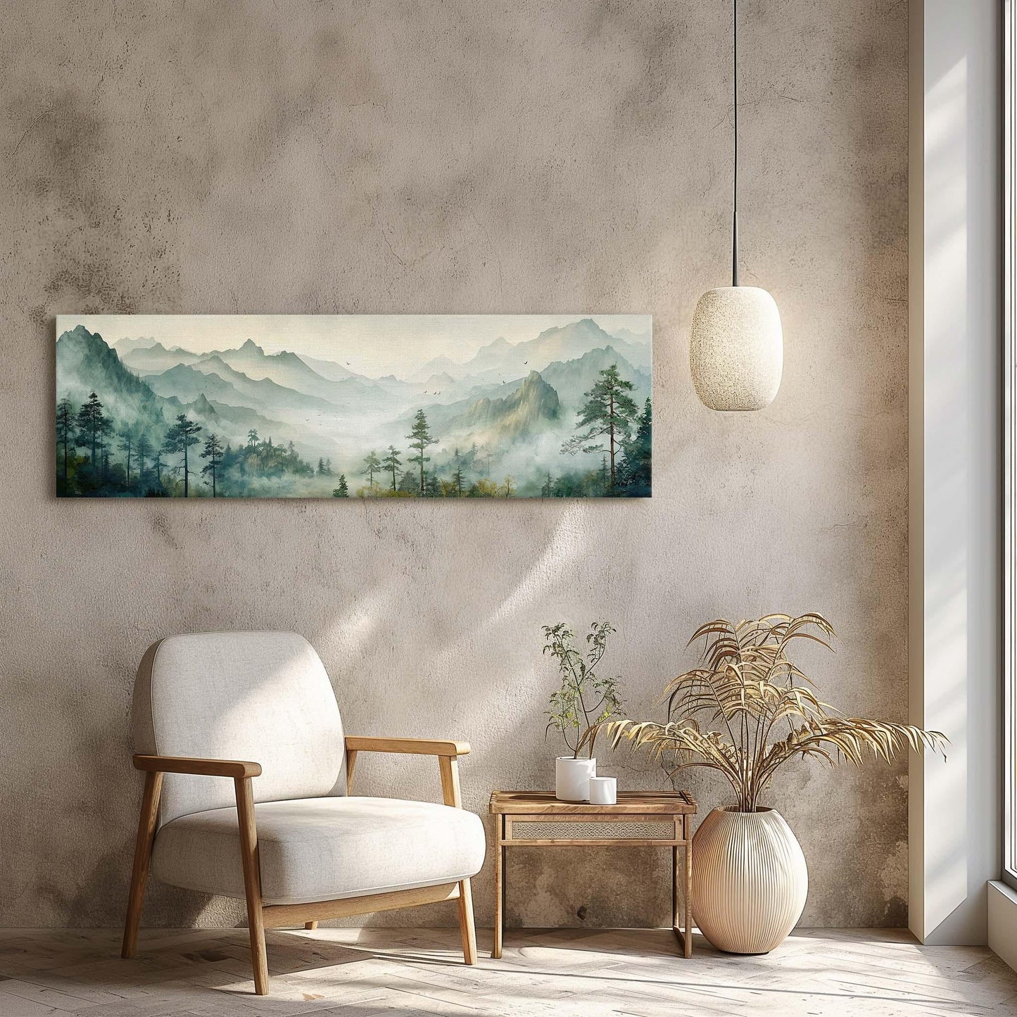 Watercolor Mountain , Green Forest Bedroom canvas wall art shown in a living room (view 2)