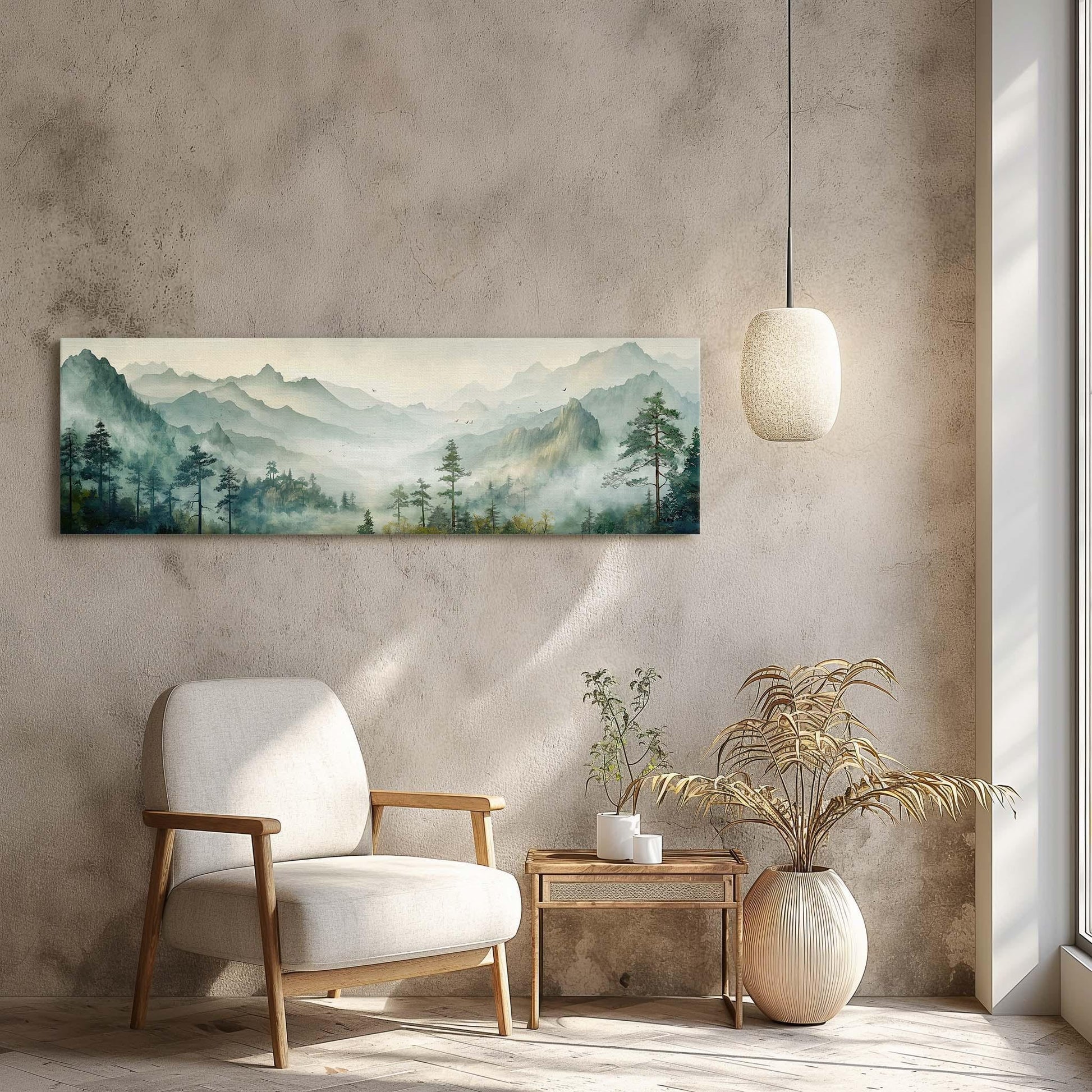 Watercolor Mountain , Green Forest Bedroom canvas wall art shown in a living room (view 2)
