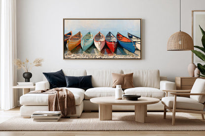 a cozy living room with a large painting of colorful canoes hanging on the wall above a white sofa.