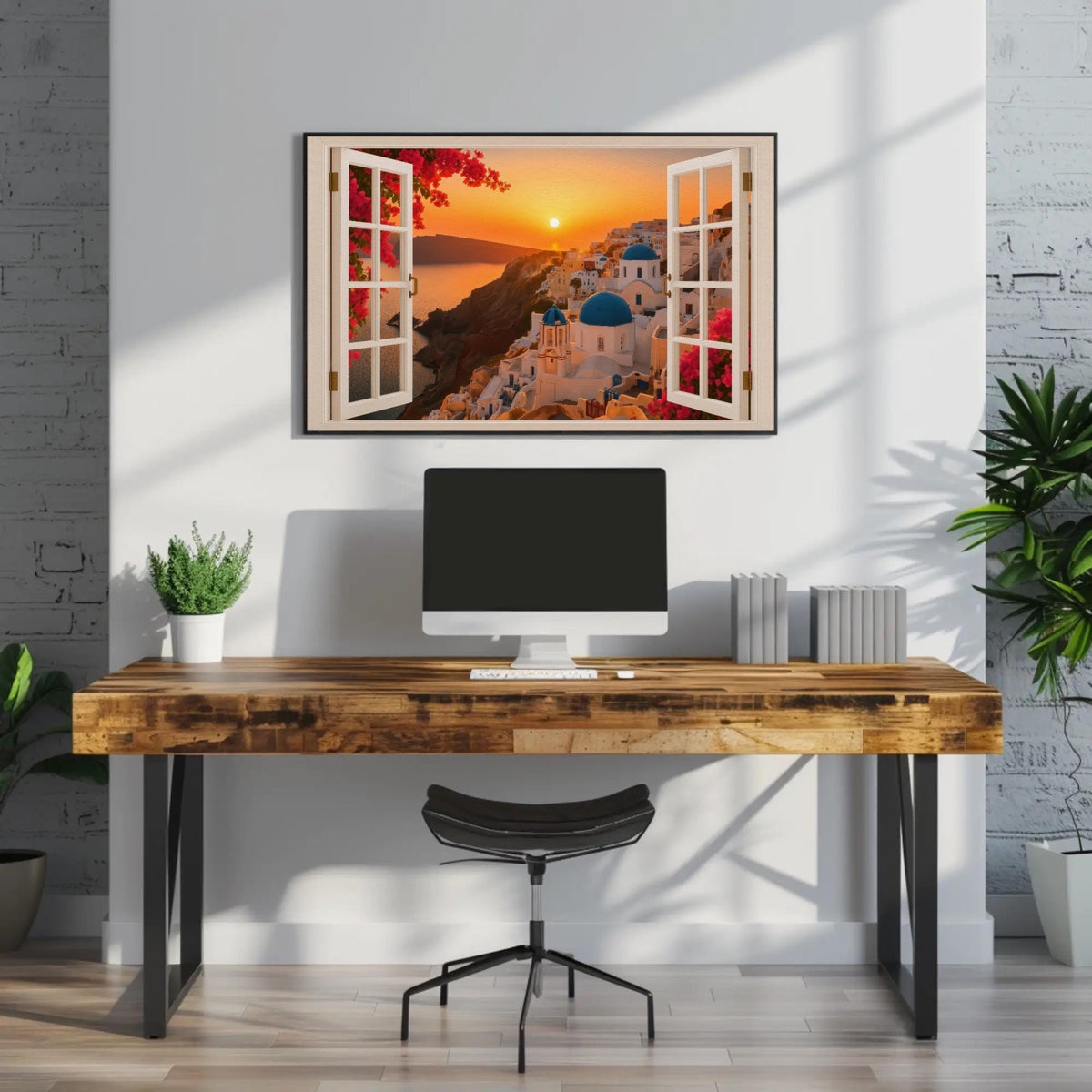 Santorini window sunset canvas wall art in a room setting