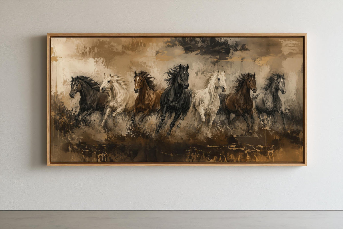 Seven running horses canvas wall art, framed painting depicting a group of horses running in a field