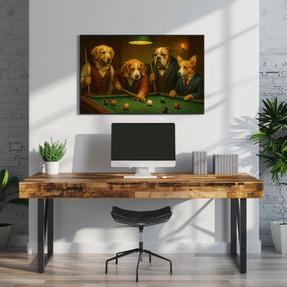 Dogs Playing Pool , Game Room Funny Dog canvas wall art shown in a styled room