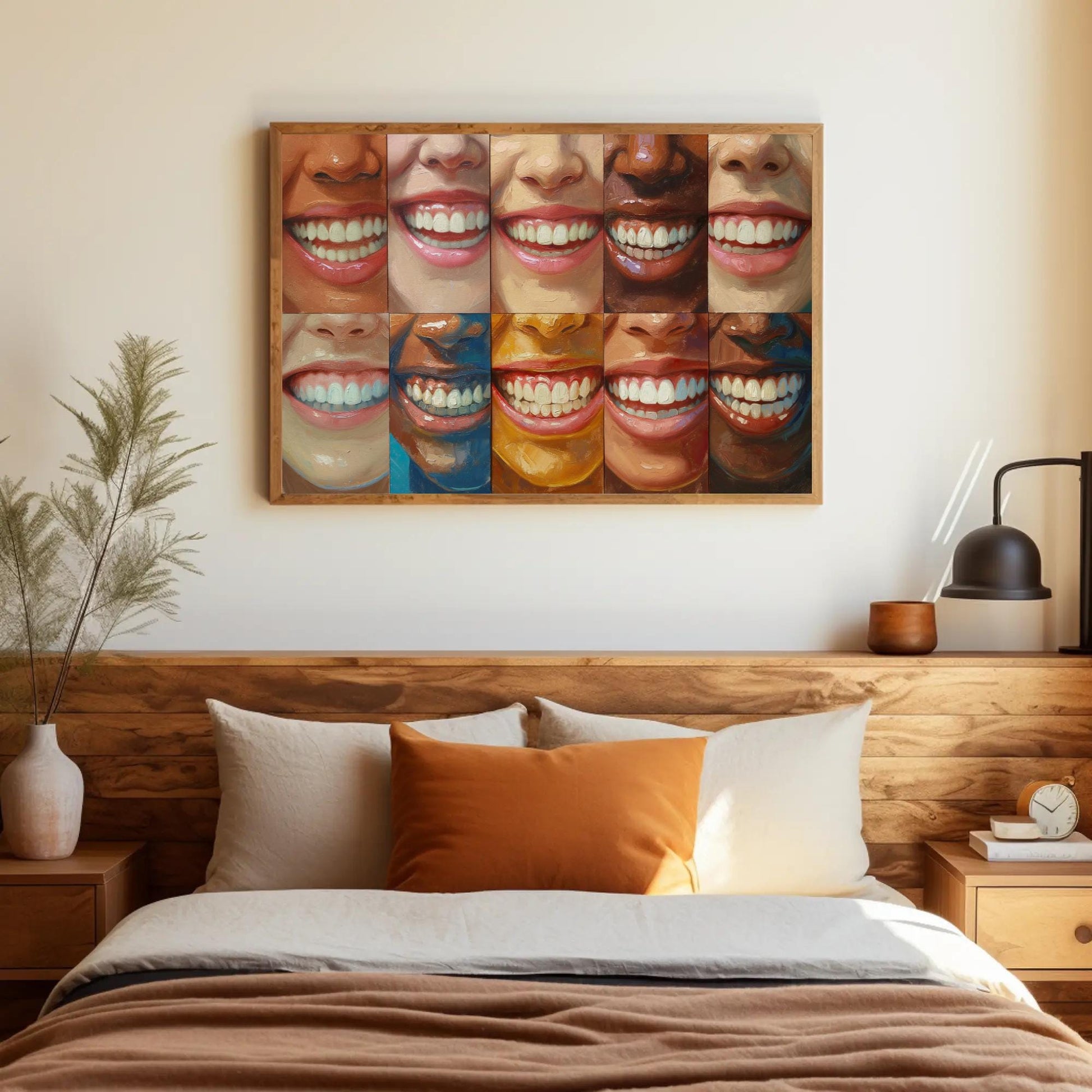 Diverse Smiling Faces , Dental Office canvas wall art shown in a bedroom
