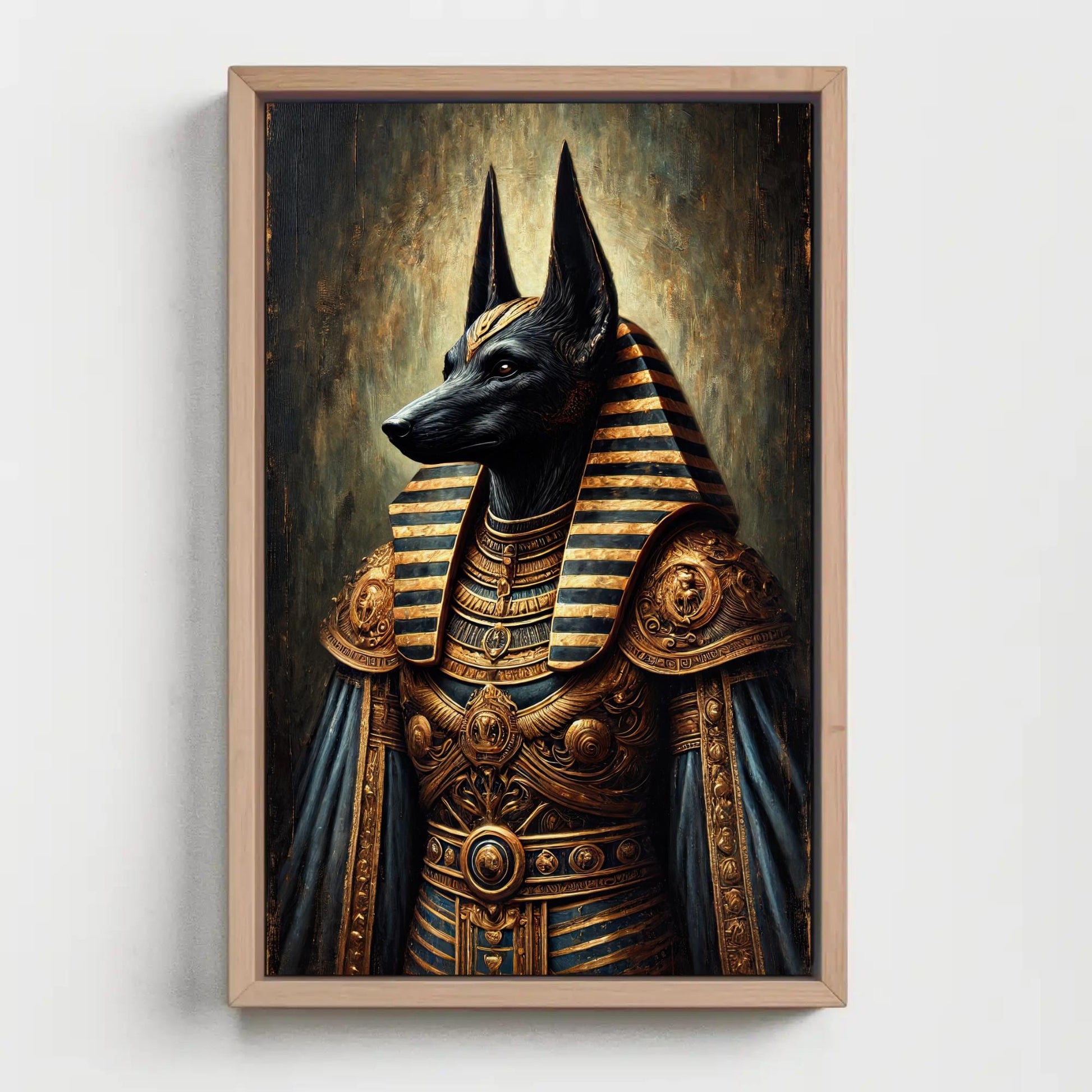 Anubis canvas wall art shown in a styled room