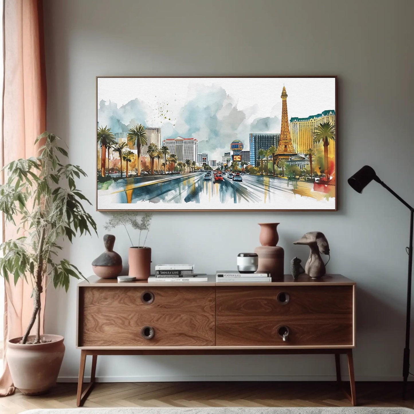 Las Vegas Strip canvas wall art shown in a styled room