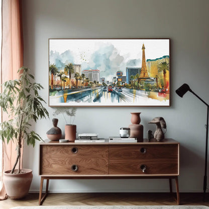 Las Vegas Strip canvas wall art shown in a styled room