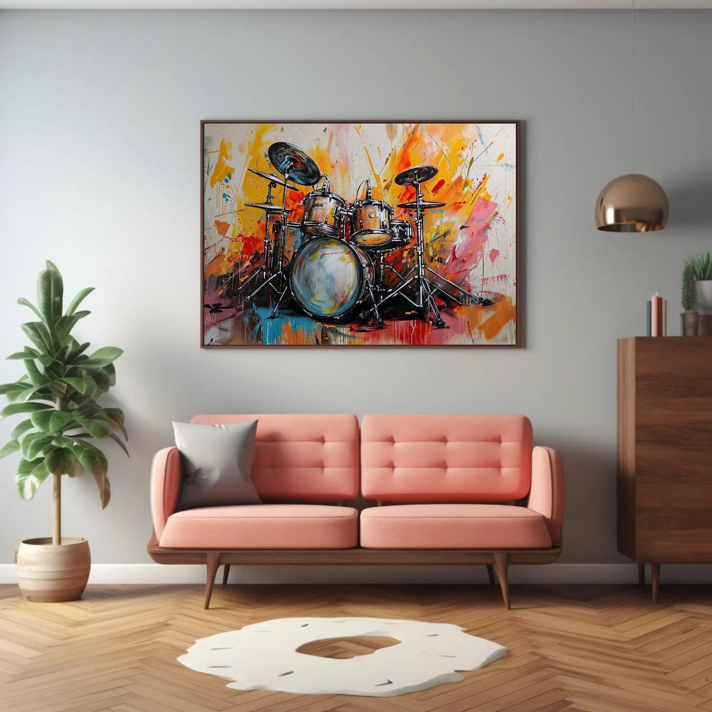 Drum Kit canvas wall art shown in a living room