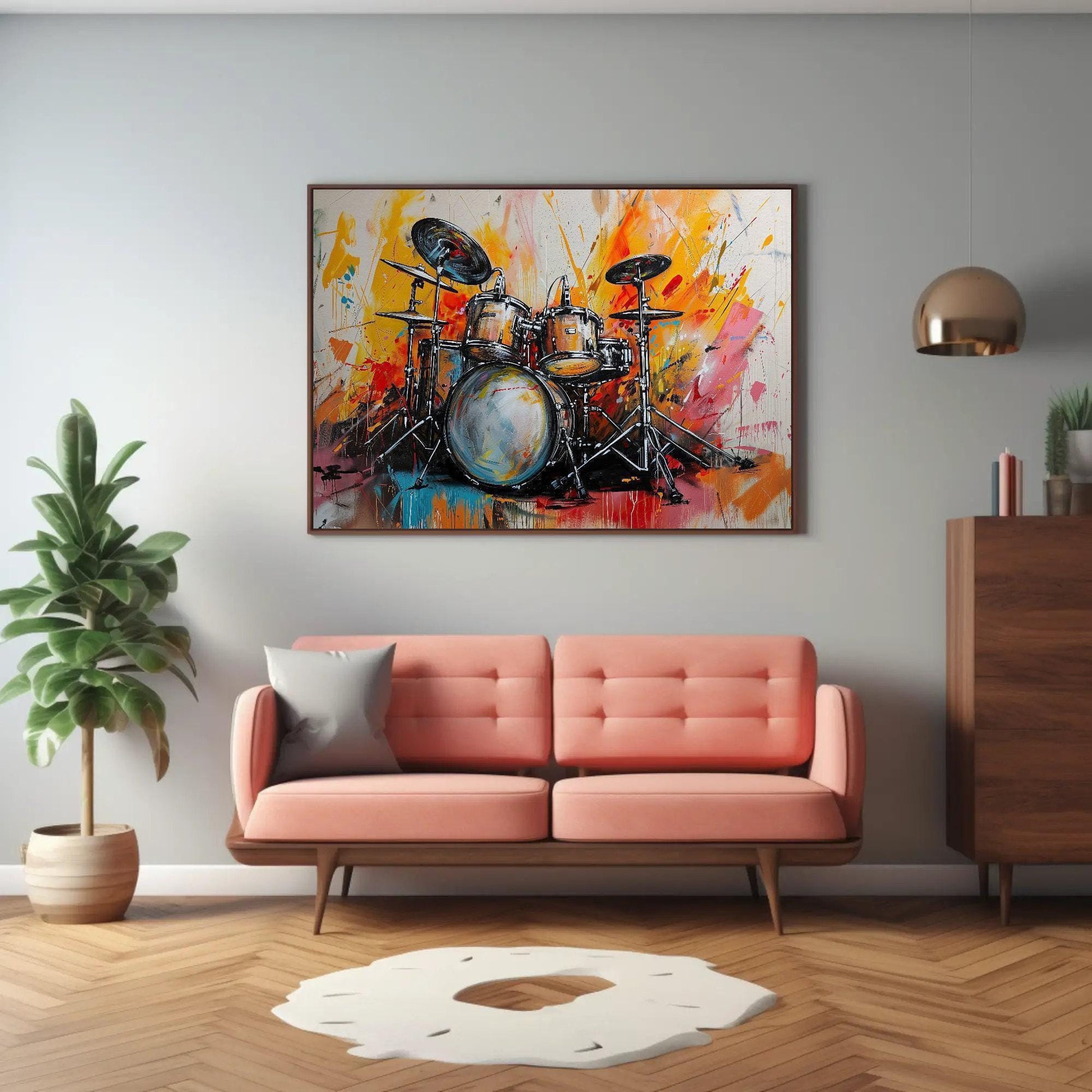 Drum Kit canvas wall art shown in a living room