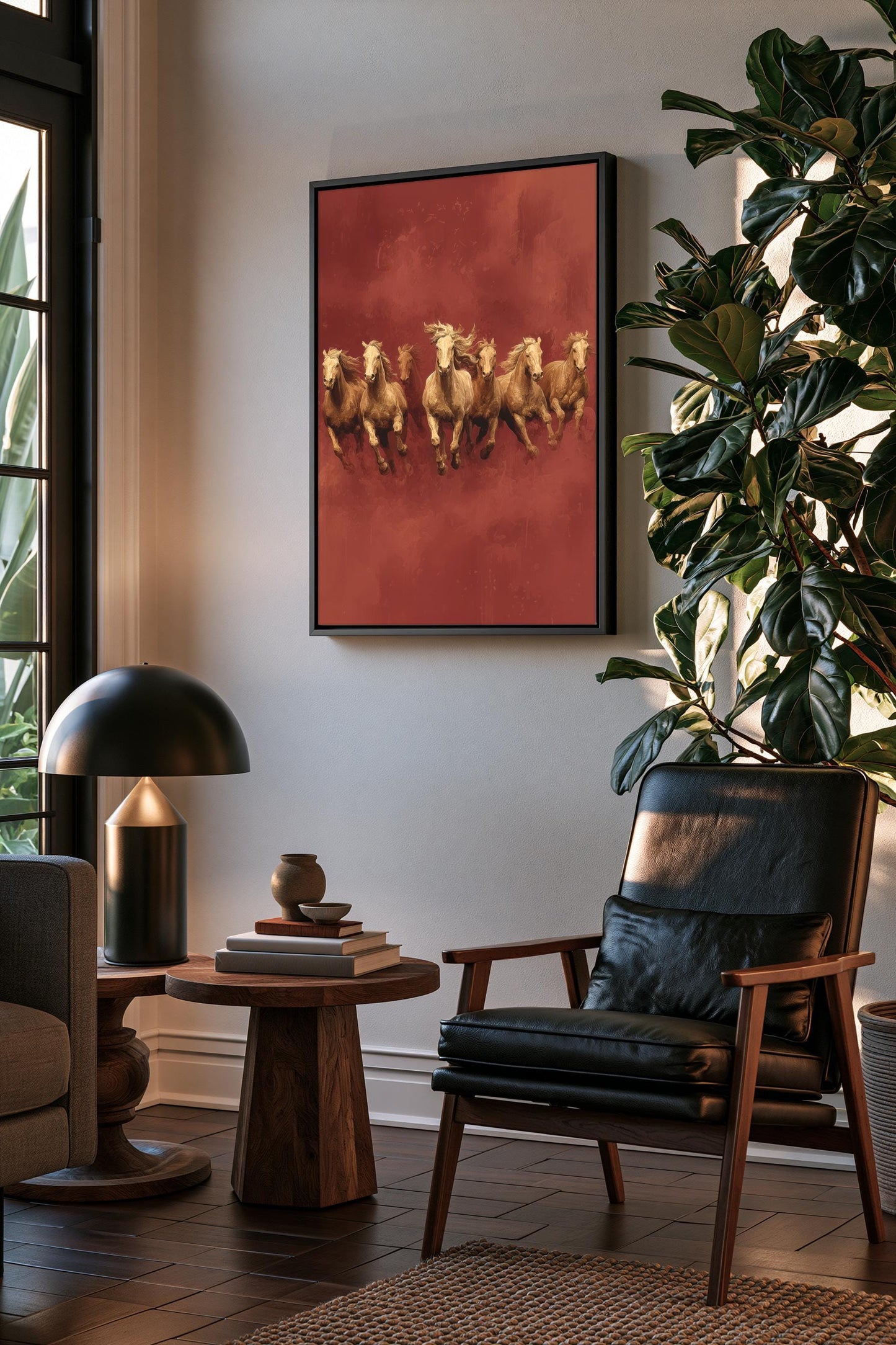 a cozy living room with a framed painting of galloping horses on the wall, a wooden side table with a lamp, a comfortable leather chair, and a large potted plant.