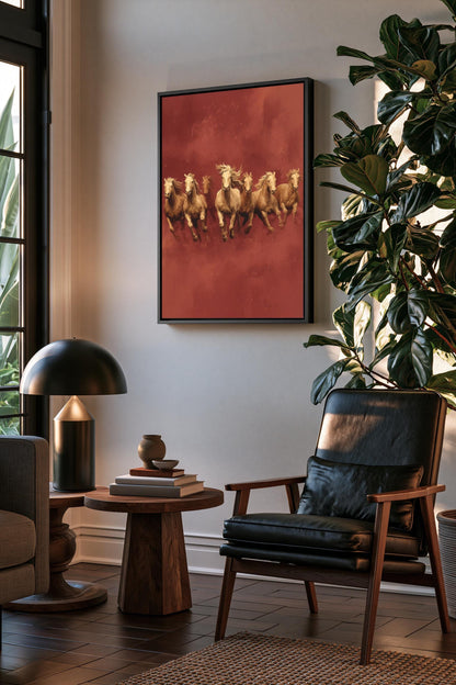 a cozy living room with a framed painting of galloping horses on the wall, a wooden side table with a lamp, a comfortable leather chair, and a large potted plant.