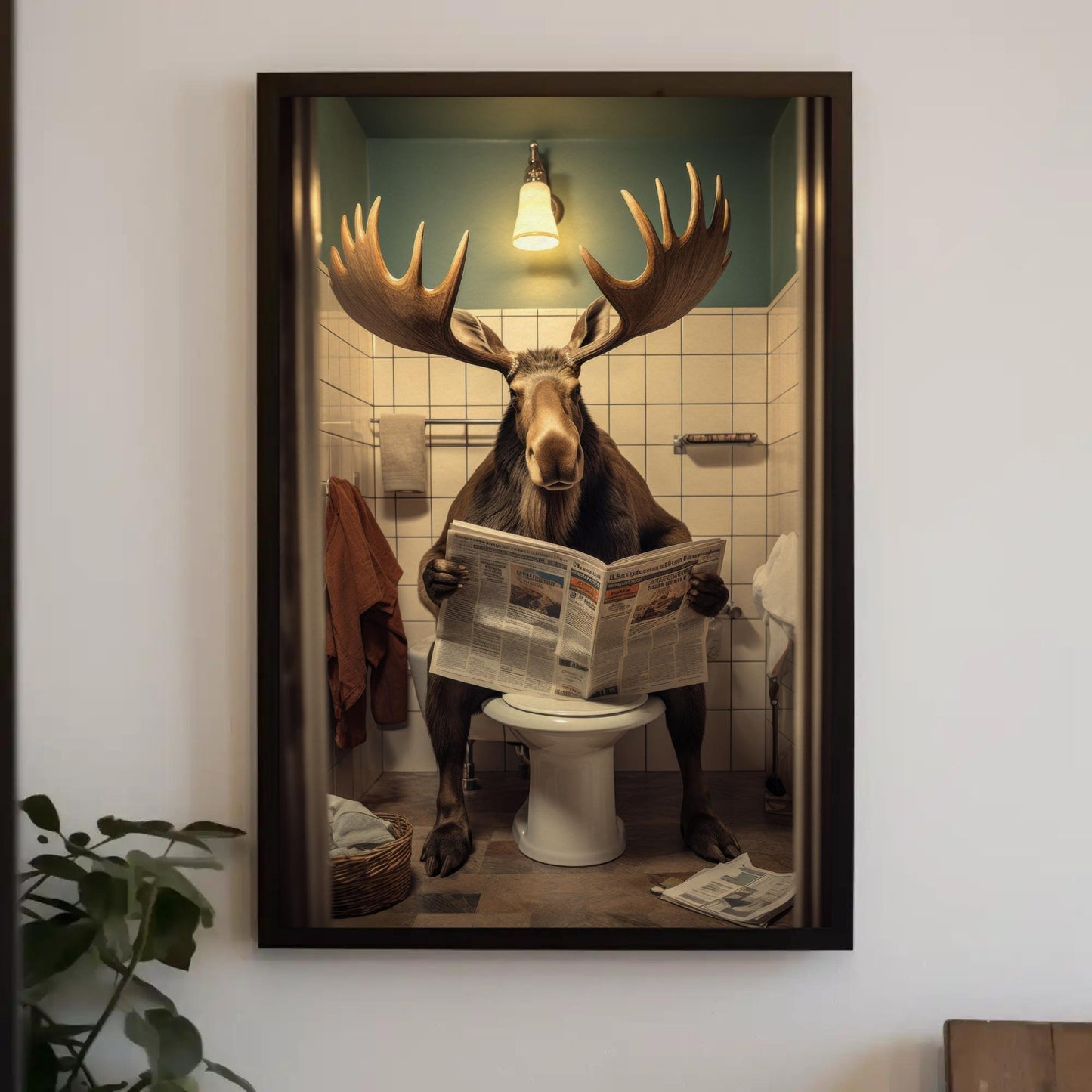 Funny Moose Bathroom Art, Quirky Toilet Humor Poster, Unique Canvas Print