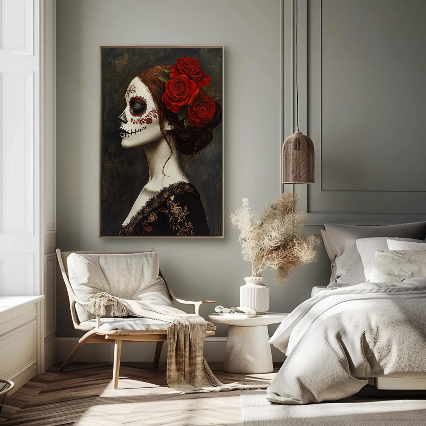 Day of the Dead canvas wall art shown in a bedroom