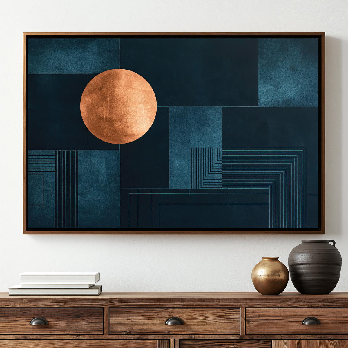 a large abstract painting with a dark blue background and a large orange circle in the center. The painting is framed and hung on a wall above a wooden dresser with two vases and some books.