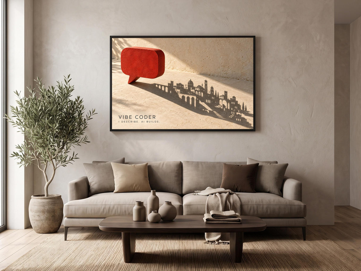 a modern living room with a gray sofa, a wooden coffee table, and a large framed artwork depicting a red speech bubble on a city skyline.