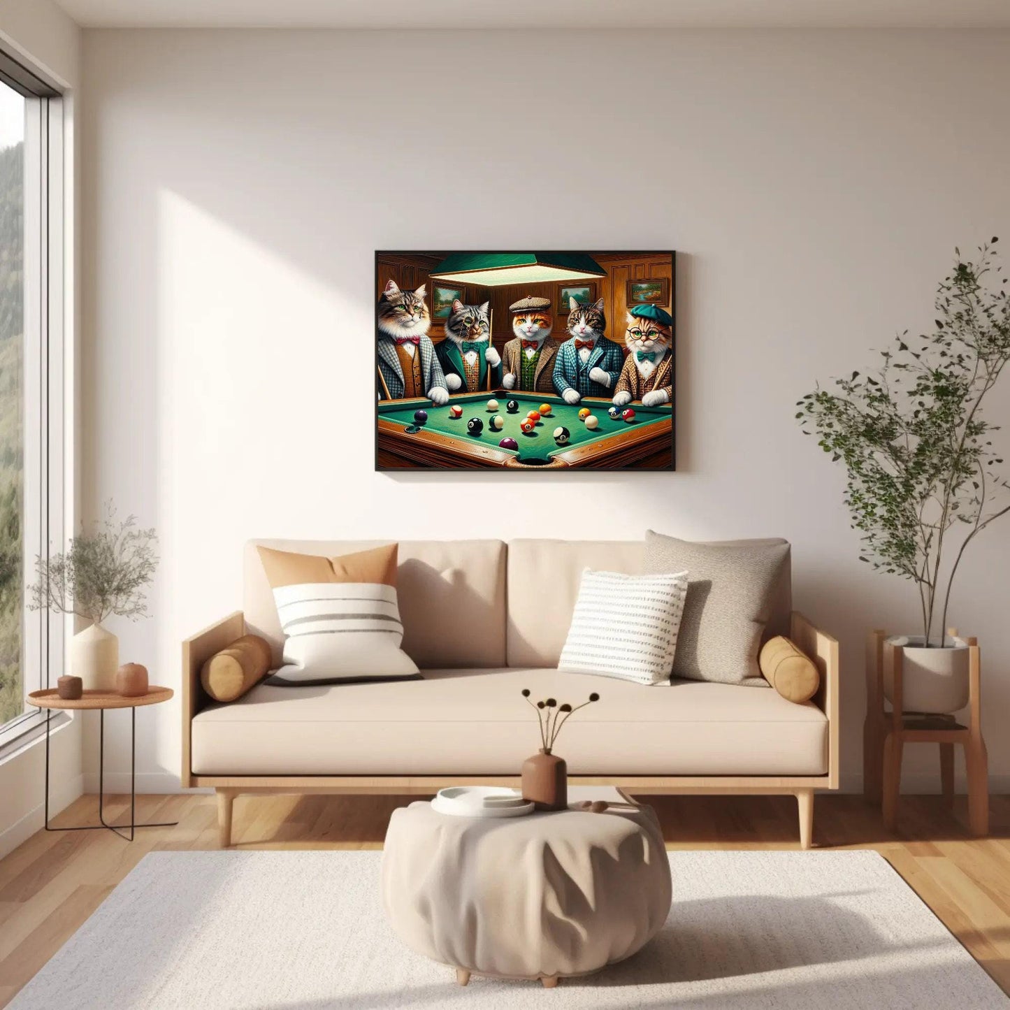 Cats Playing Pool , Whimsical Game Room canvas wall art shown in a living room (view 2)