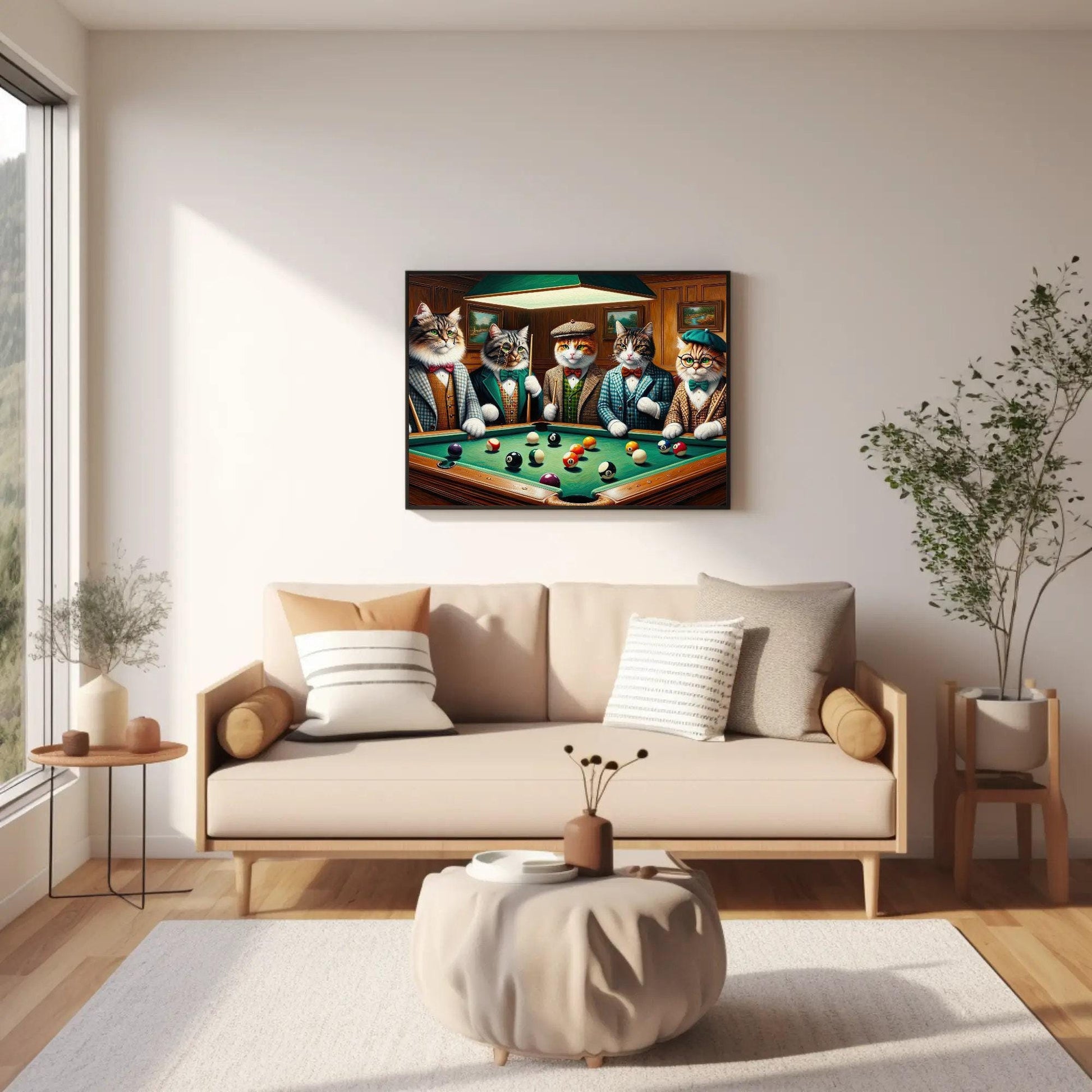 Cats Playing Pool , Whimsical Game Room canvas wall art shown in a living room (view 2)