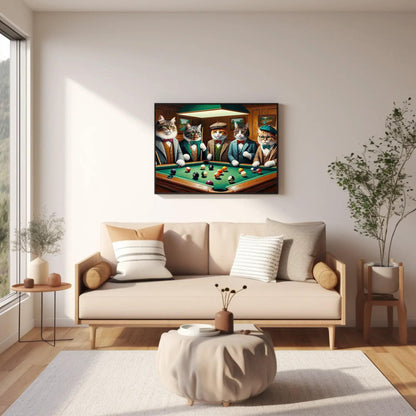 Cats Playing Pool , Whimsical Game Room canvas wall art shown in a living room (view 2)