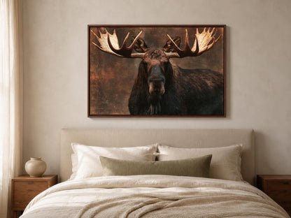 a large framed picture of a moose with large antlers hanging above a bed with white bedding.