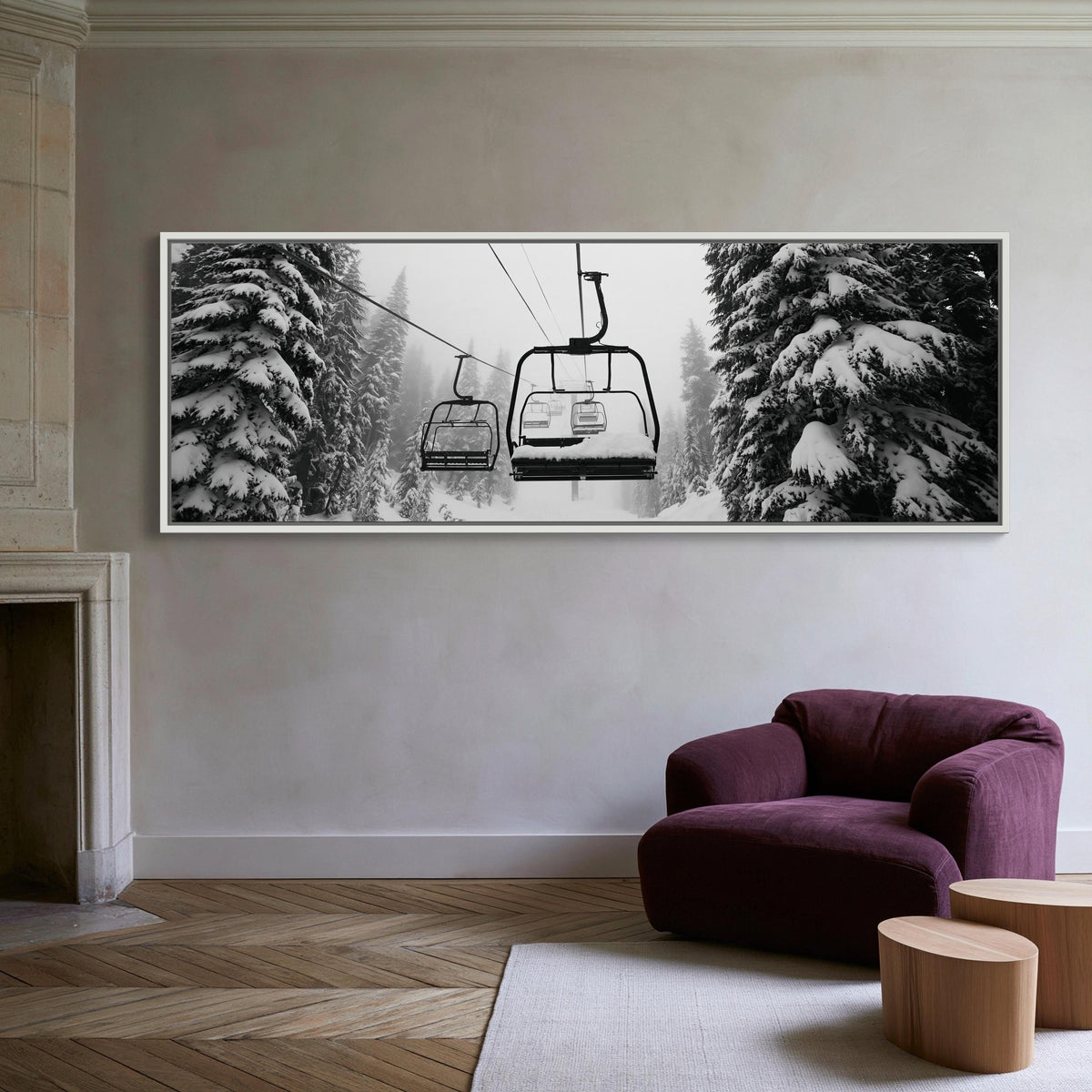 Snowy ski chairlift canvas wall art, large black and white photograph of a ski lift in a snowy forest, with the ski lift