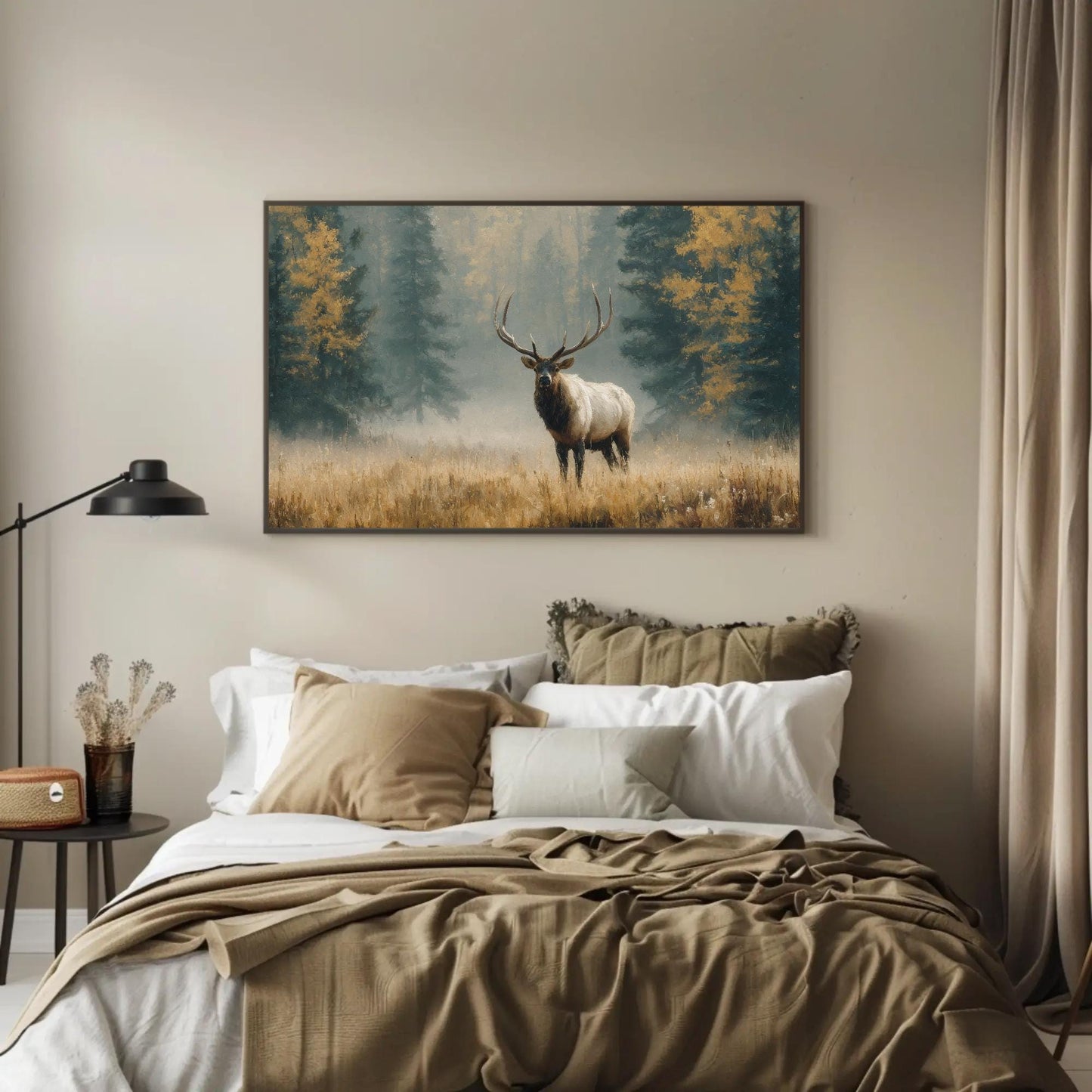 Majestic Elk canvas wall art shown in a bedroom