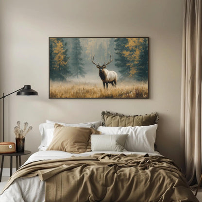Majestic Elk canvas wall art shown in a bedroom