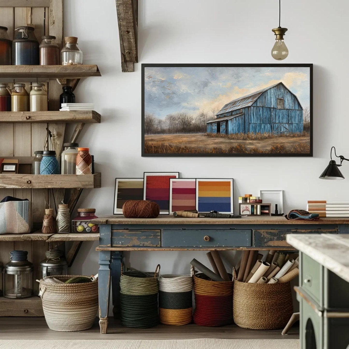 Blue Barn Landscape canvas wall art shown in a styled interior
