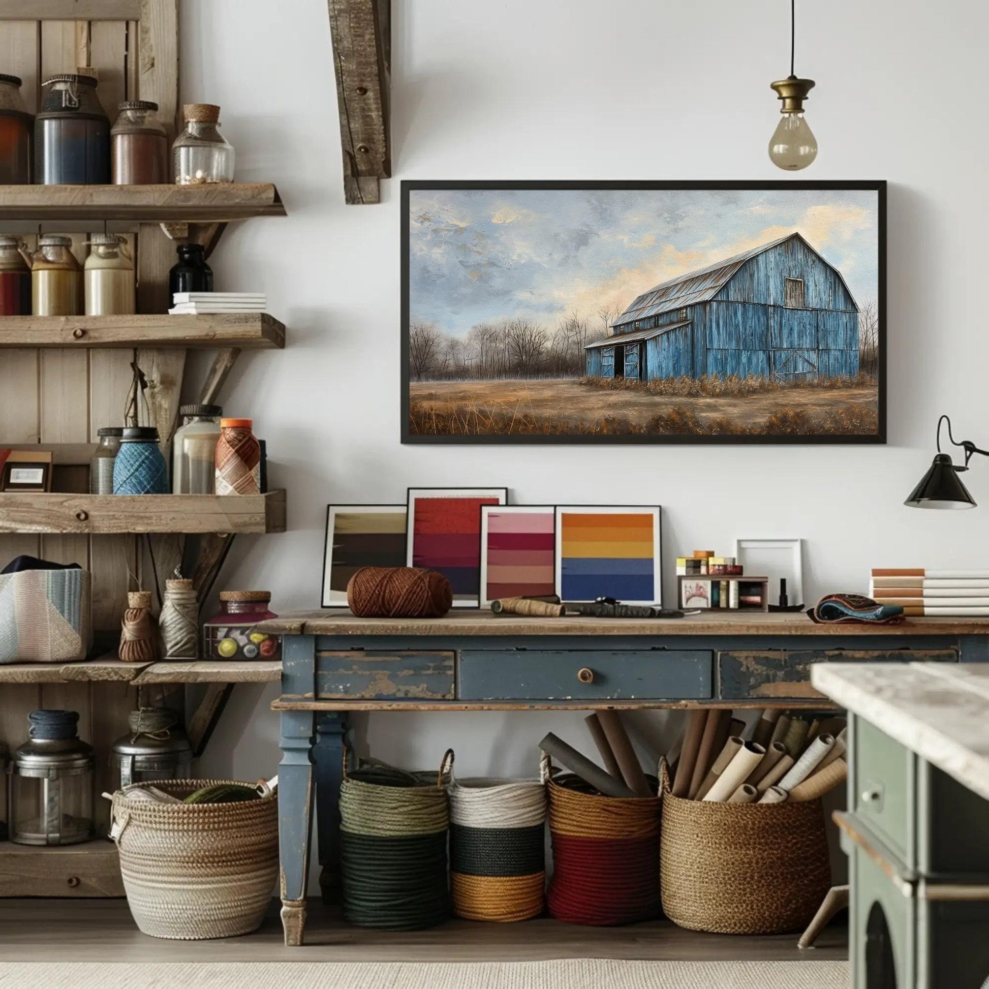Blue Barn Landscape canvas wall art shown in a styled interior
