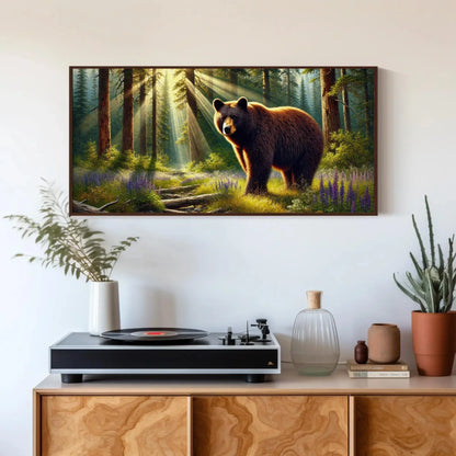 American Black Bear in Forest Rays and Meadow Wildflowers | Bear Wall Art Canvas Print | Framed Rustic Decor for Cabin Living Room Wall Art – Canvas Print