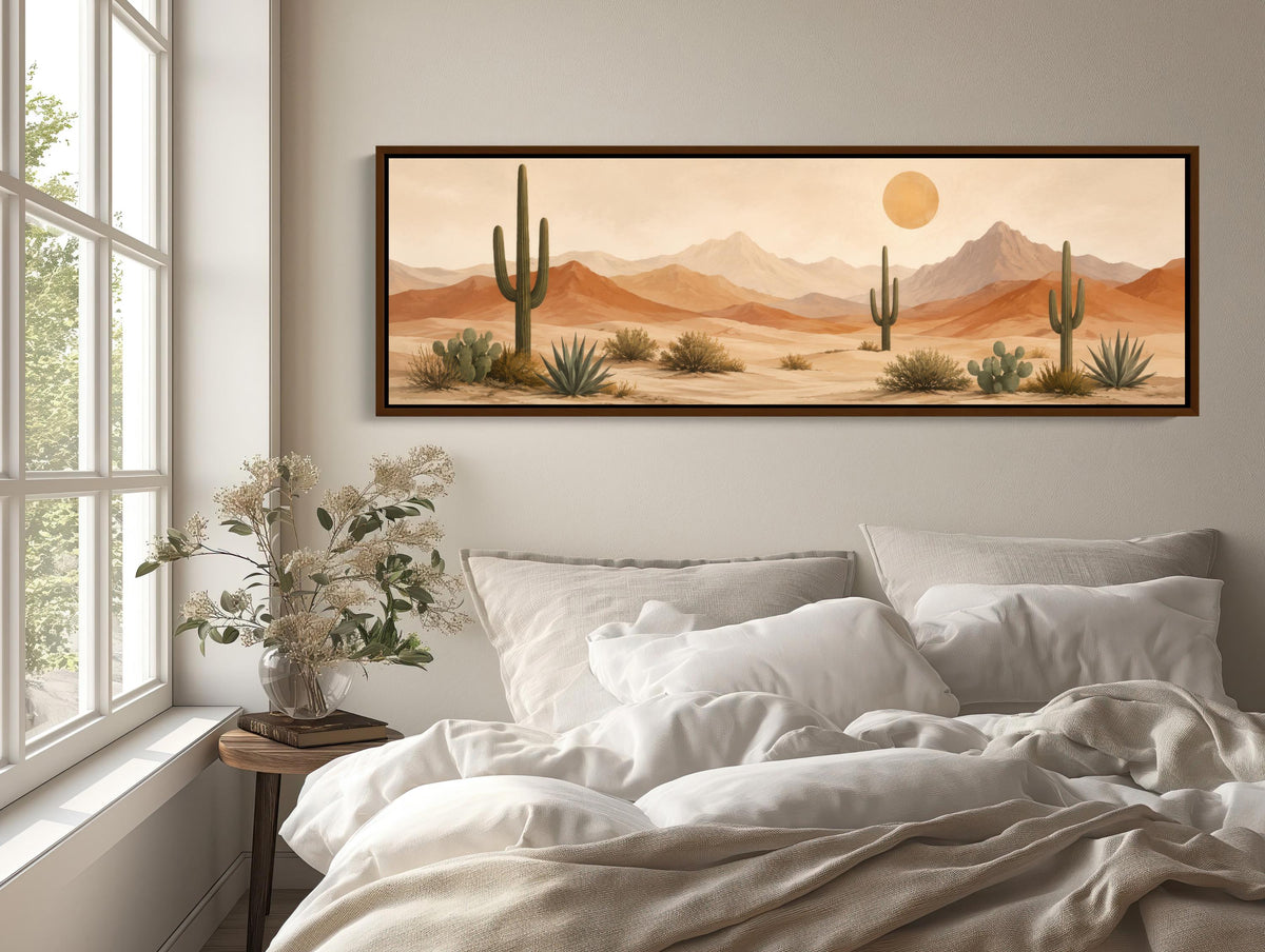 Saguaro desert panorama canvas wall art, serene desert landscape with a large cactus in the foreground and mountains in the