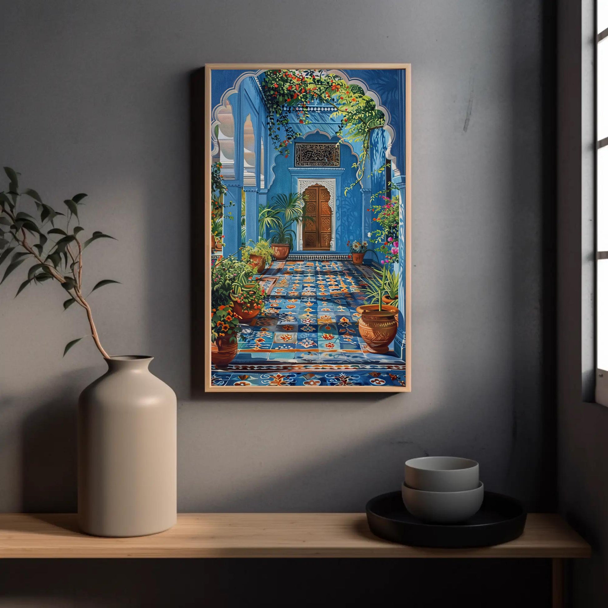 Blue Indian Palace , Jodhpur canvas wall art shown in a hallway
