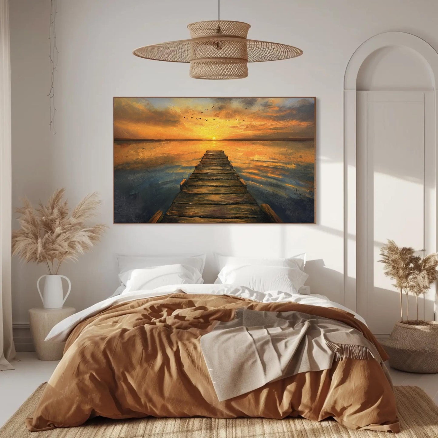 Sunset Dock Canvas - Extra Large Rustic Sunset Scene Lake House Decor Print
