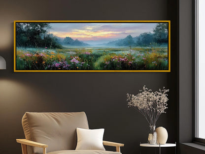 a large painting of a field with flowers hanging on a wall above a beige armchair in a living room setting.