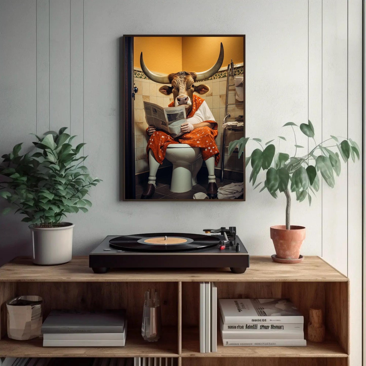 a picture of a cow sitting on a toilet reading a magazine