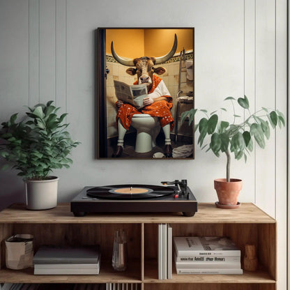 a picture of a cow sitting on a toilet reading a magazine