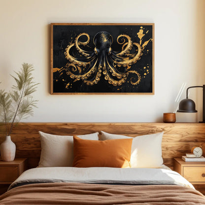 Octopus , Black Gold Nautical Symmetrical canvas wall art shown above a bed