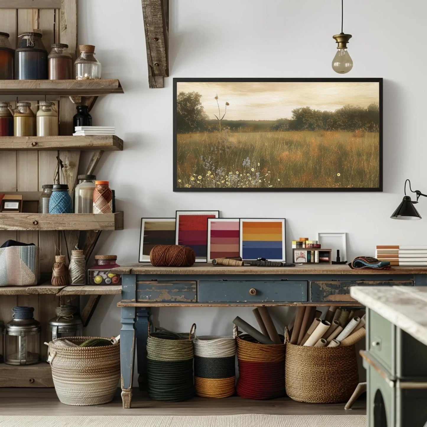 Wildflower Field Painting canvas wall art shown in a styled interior
