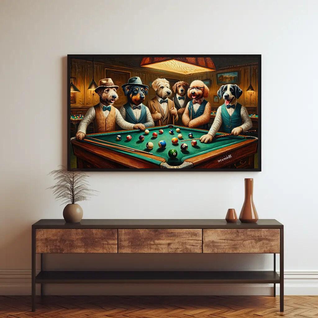 Dogs Playing Pool , Vintage Mancave canvas print, premium giclée wall art