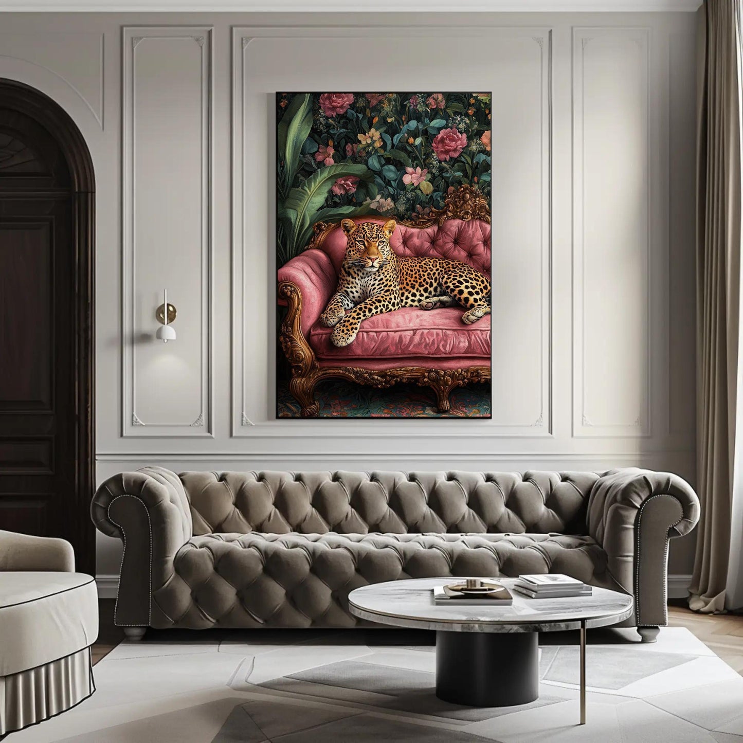 Leopard canvas wall art shown in a living room