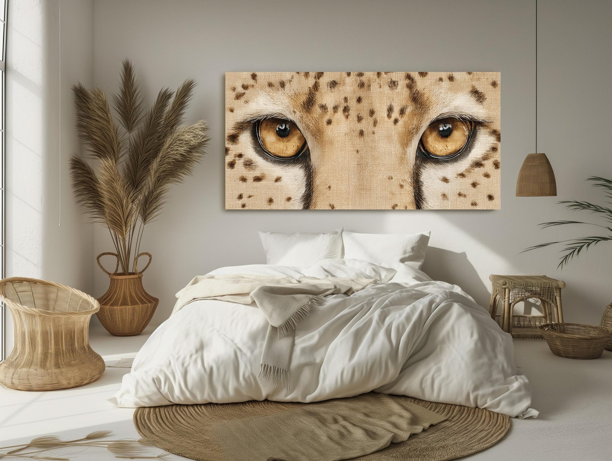 Cheetah Eyes canvas wall art shown in a bedroom