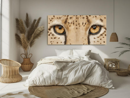 Cheetah Eyes canvas wall art shown in a bedroom