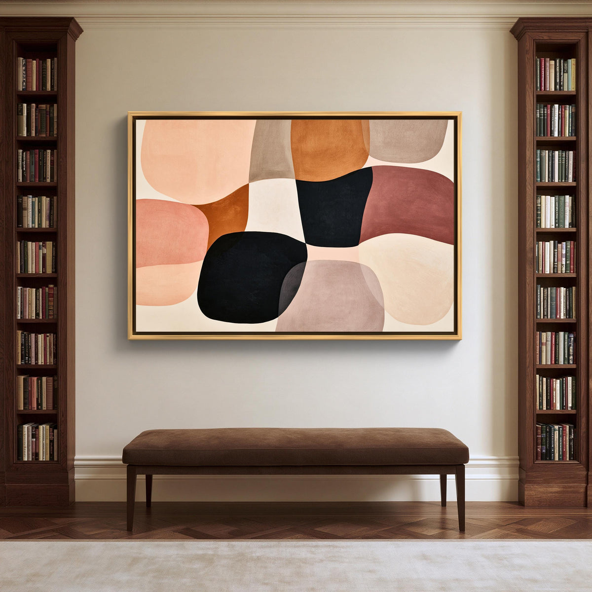 Blush organic shapes abstract canvas wall art, large abstract painting hanging on a wall above a brown bench in a room with