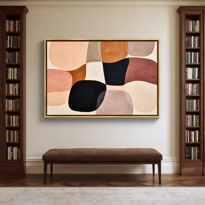 Blush organic shapes abstract canvas wall art, large abstract painting hanging on a wall above a brown bench in a room with