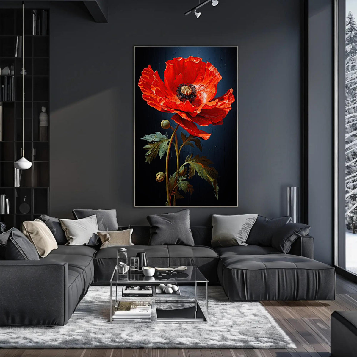 Red poppy on navy canvas wall art, large, vibrant red flower in a black frame, hanging on a wall in a modern living room