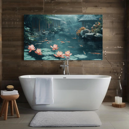 Koi Fish Pond canvas wall art shown in a bathroom
