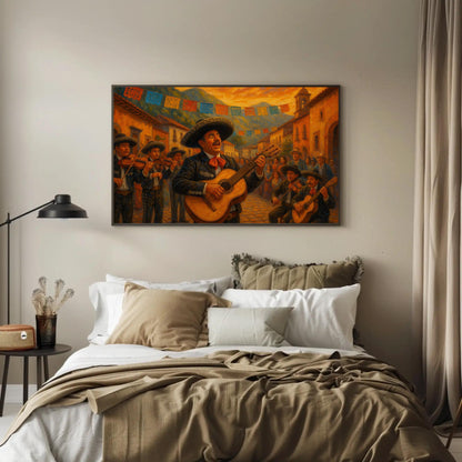 Mexican mariachi band canvas wall art in a room setting